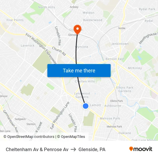 Cheltenham Av & Penrose Av to Glenside, PA map