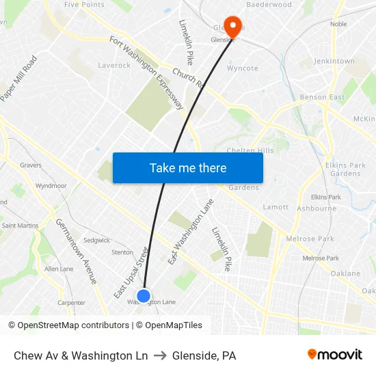 Chew Av & Washington Ln to Glenside, PA map