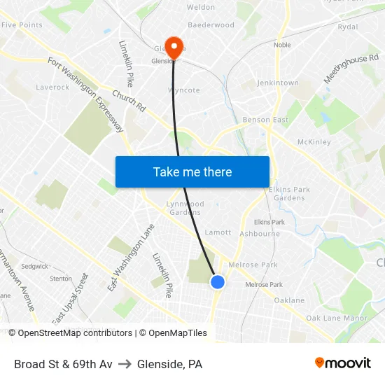 Broad St & 69th Av to Glenside, PA map