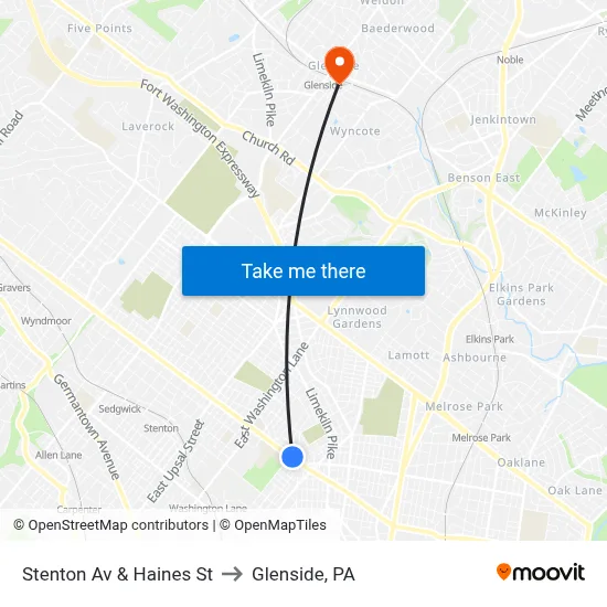 Stenton Av & Haines St to Glenside, PA map