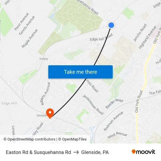 Easton Rd & Susquehanna Rd to Glenside, PA map