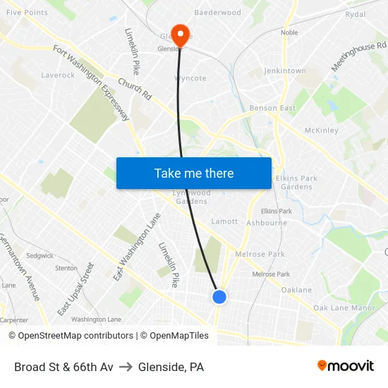 Broad St & 66th Av to Glenside, PA map
