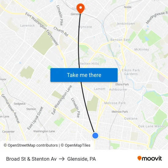 Broad St & Stenton Av to Glenside, PA map
