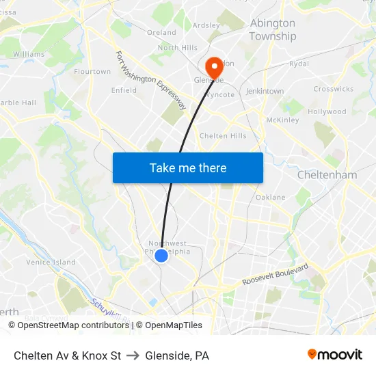 Chelten Av & Knox St to Glenside, PA map