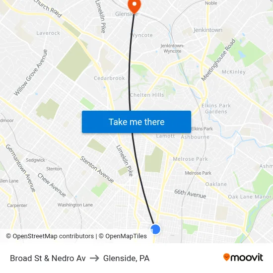 Broad St & Nedro Av to Glenside, PA map
