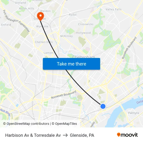 Harbison Av & Torresdale Av to Glenside, PA map