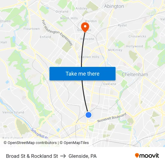 Broad St & Rockland St to Glenside, PA map