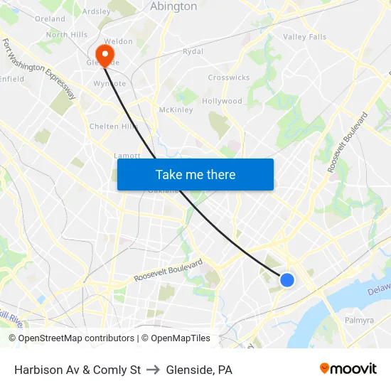 Harbison Av & Comly St to Glenside, PA map