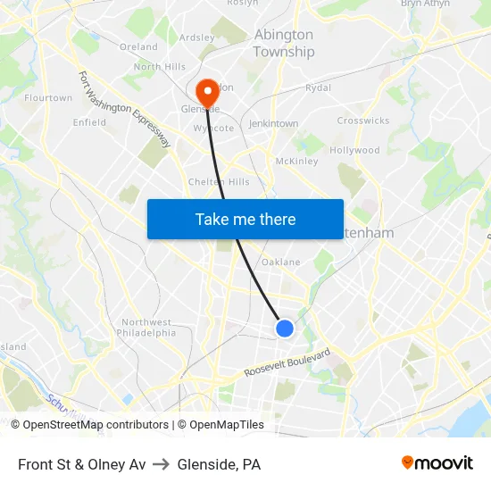 Front St & Olney Av to Glenside, PA map