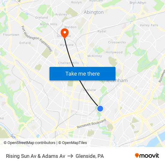 Rising Sun Av & Adams Av to Glenside, PA map