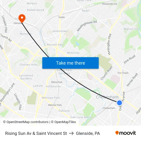 Rising Sun Av & Saint Vincent St to Glenside, PA map