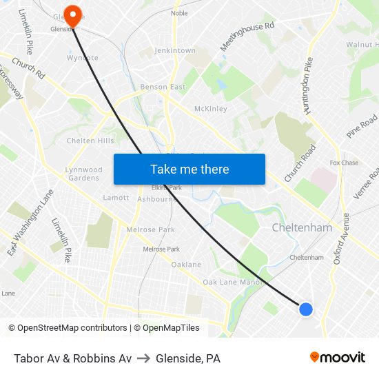 Tabor Av & Robbins Av to Glenside, PA map