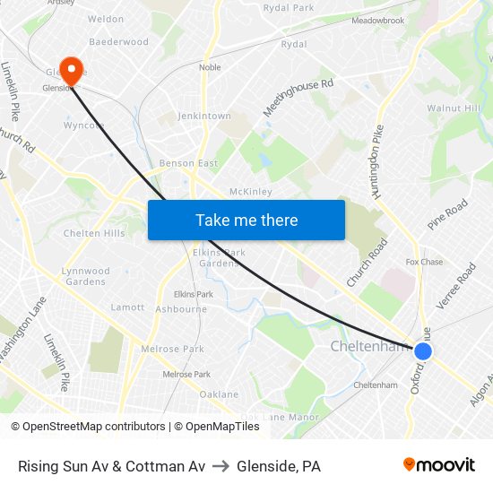 Rising Sun Av & Cottman Av to Glenside, PA map