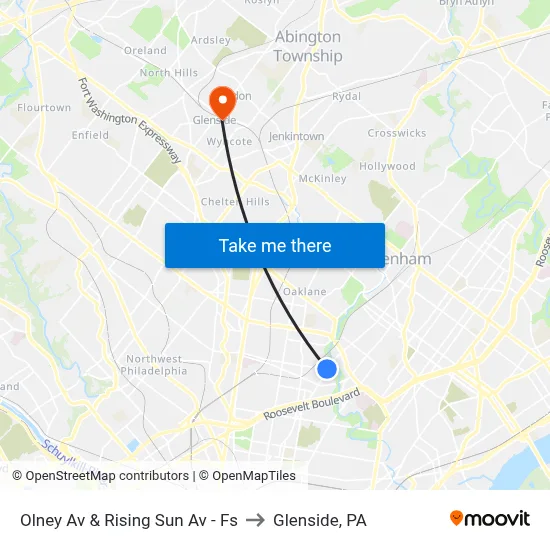 Olney Av & Rising Sun Av - Fs to Glenside, PA map