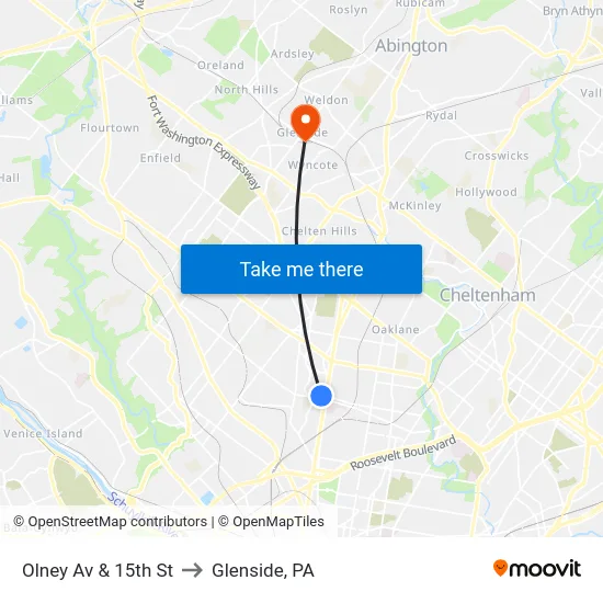 Olney Av & 15th St to Glenside, PA map