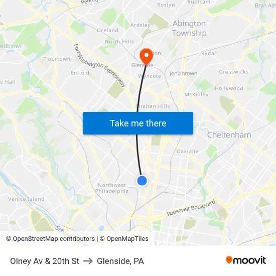 Olney Av & 20th St to Glenside, PA map