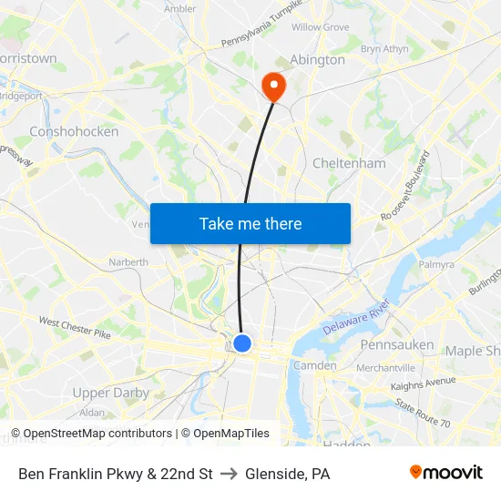 Ben Franklin Pkwy & 22nd St to Glenside, PA map