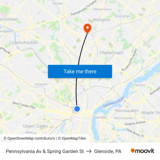 Pennsylvania Av & Spring Garden St to Glenside, PA map