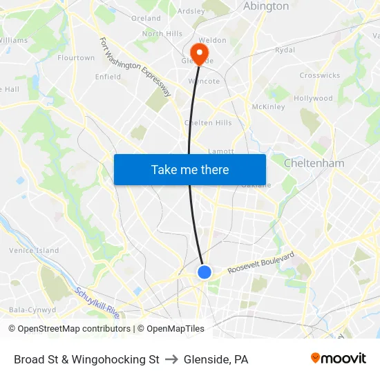 Broad St & Wingohocking St to Glenside, PA map