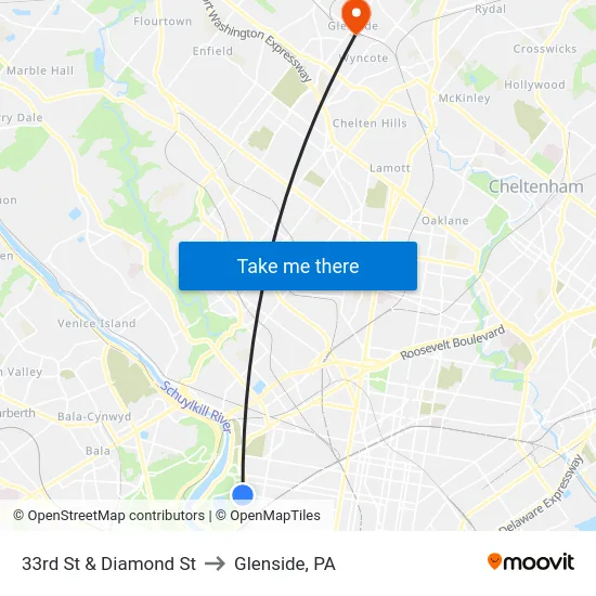 33rd St & Diamond St to Glenside, PA map