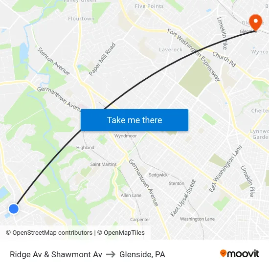 Ridge Av & Shawmont Av to Glenside, PA map