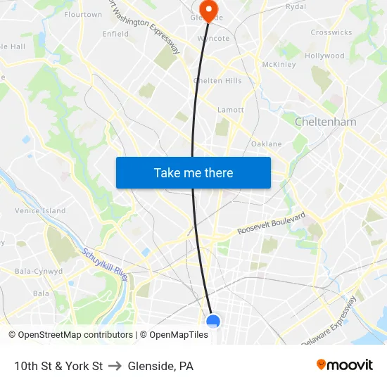 10th St & York St to Glenside, PA map