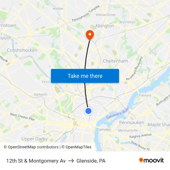 12th St & Montgomery Av to Glenside, PA map