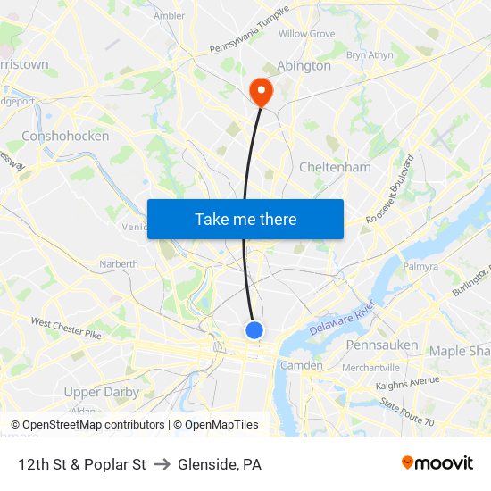 12th St & Poplar St to Glenside, PA map