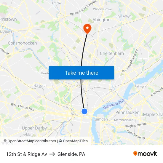 12th St & Ridge Av to Glenside, PA map