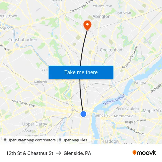 12th St & Chestnut St to Glenside, PA map