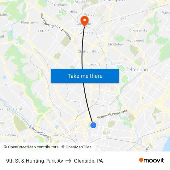 9th St & Hunting Park Av to Glenside, PA map