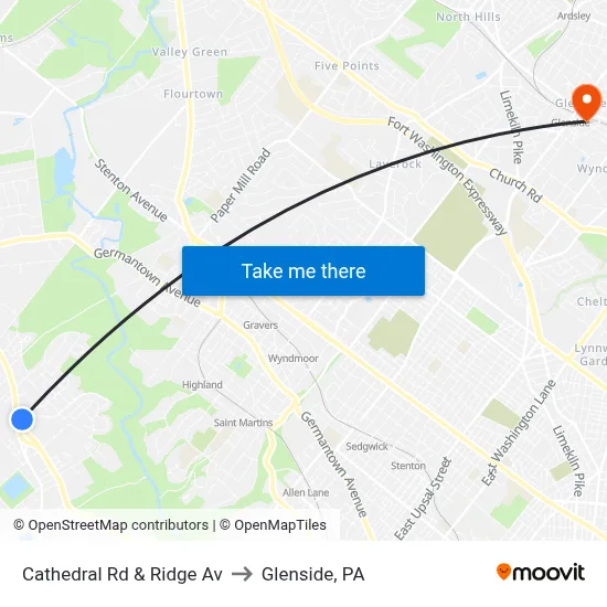 Cathedral Rd & Ridge Av to Glenside, PA map