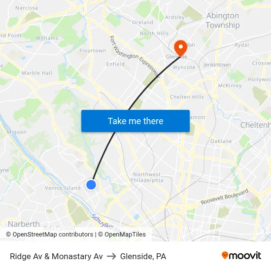 Ridge Av & Monastary Av to Glenside, PA map