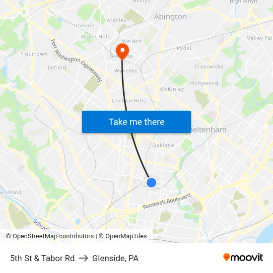 5th St & Tabor Rd to Glenside, PA map