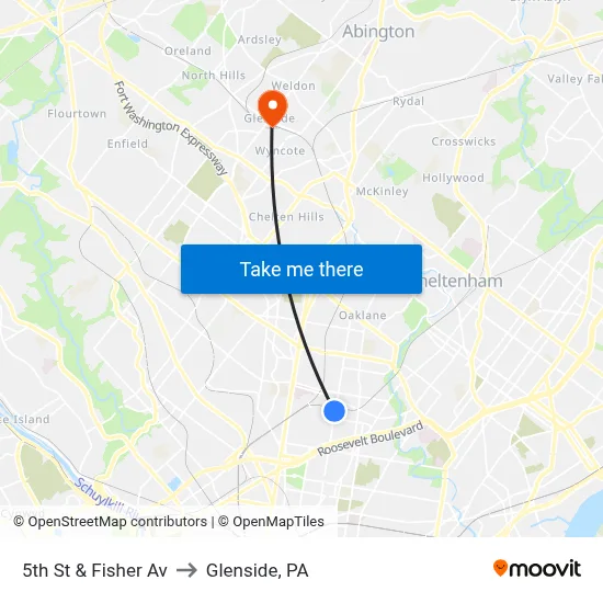 5th St & Fisher Av to Glenside, PA map