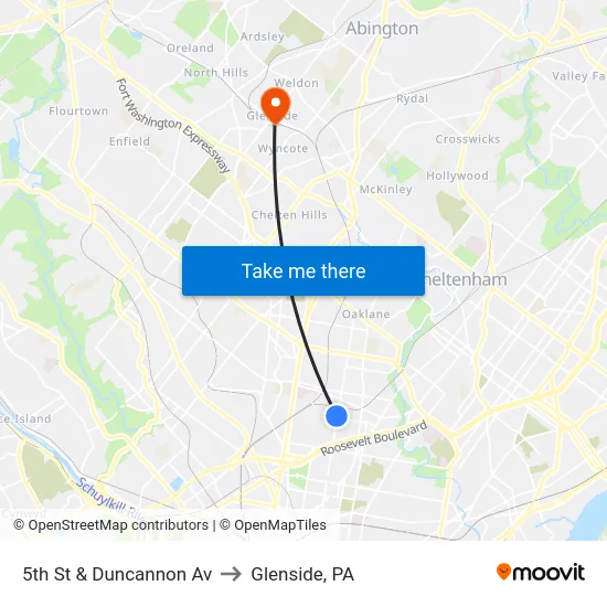 5th St & Duncannon Av to Glenside, PA map