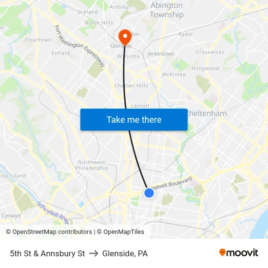 5th St & Annsbury St to Glenside, PA map