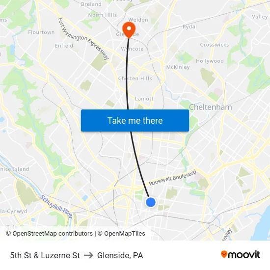 5th St & Luzerne St to Glenside, PA map