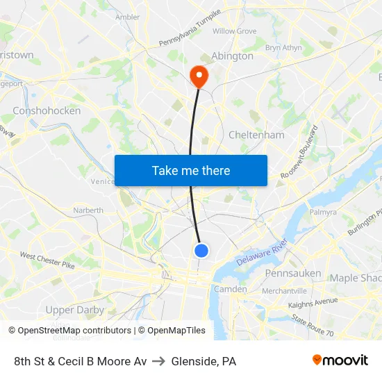 8th St & Cecil B Moore Av to Glenside, PA map