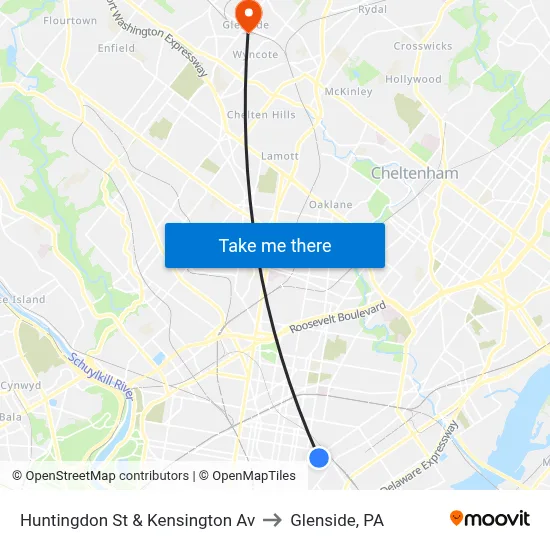 Huntingdon St & Kensington Av to Glenside, PA map