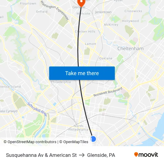 Susquehanna Av & American St to Glenside, PA map