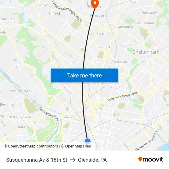Susquehanna Av & 16th St to Glenside, PA map