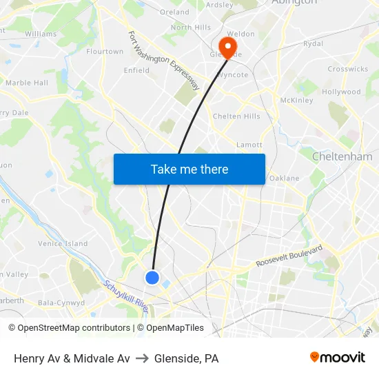Henry Av & Midvale Av to Glenside, PA map