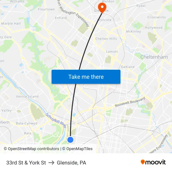 33rd St & York St to Glenside, PA map