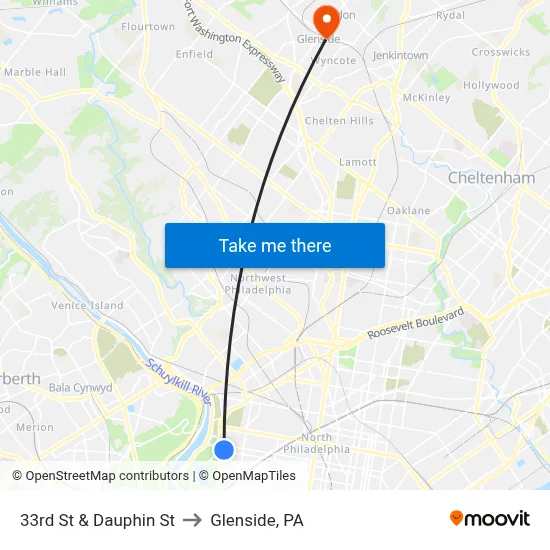 33rd St & Dauphin St to Glenside, PA map