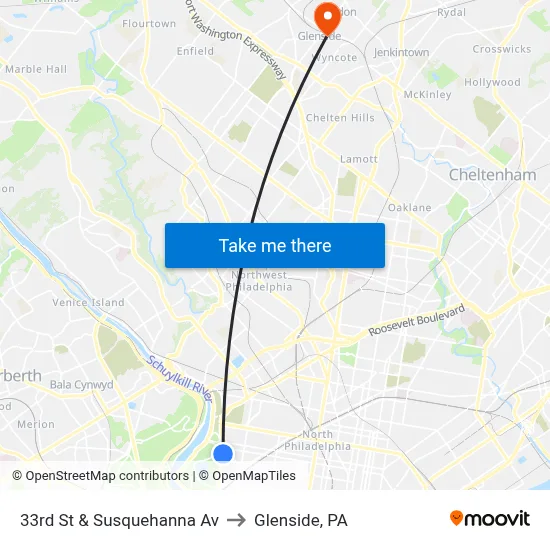 33rd St & Susquehanna Av to Glenside, PA map