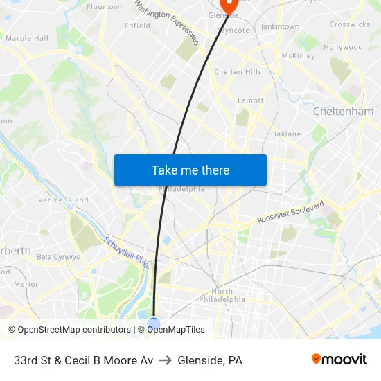 33rd St & Cecil B Moore Av to Glenside, PA map
