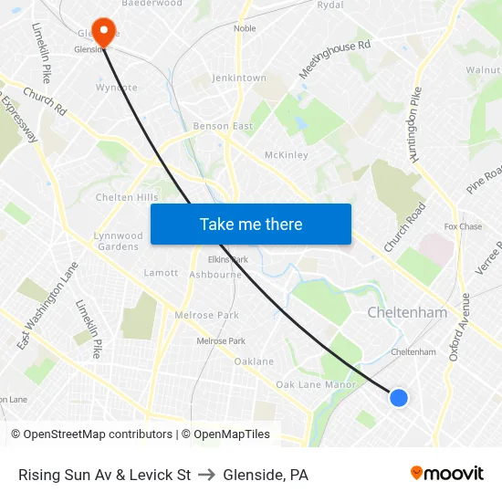 Rising Sun Av & Levick St to Glenside, PA map
