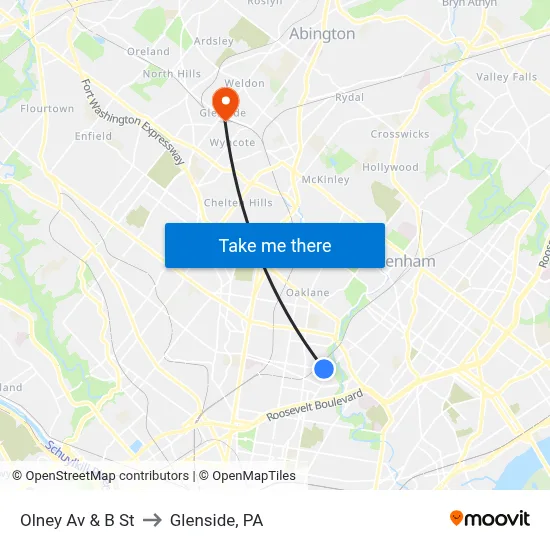 Olney Av & B St to Glenside, PA map