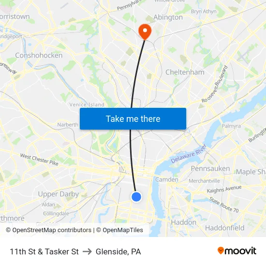11th St & Tasker St to Glenside, PA map